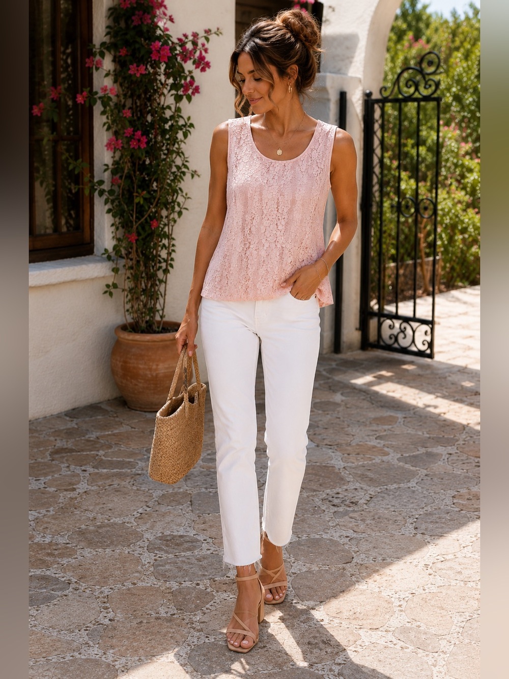 Anne Klein Blush Pink Lace Sleeveless Top | Feminine Romantic Crochet TankBlouse